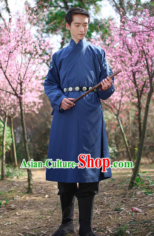 Traditional Chinese Ancient Hanfu Swordsman Costumes, Asian China Ming Dynasty Imperial Guards Embroidery Blue Long Robe for Men