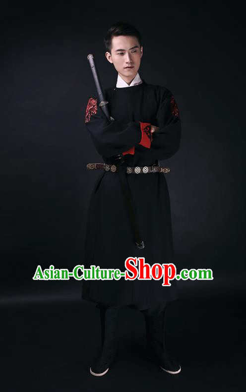 Traditional Chinese Ancient Hanfu Imperial Guards Costume, Asian China Ming Dynasty Swordsman Black Long Robe for Men