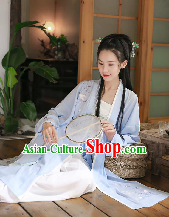 Traditional Chinese Ancient Princess Hanfu Costumes, Asian China Song Dynasty Palace Lady Embroidery Blue BeiZi Cardigan for Women