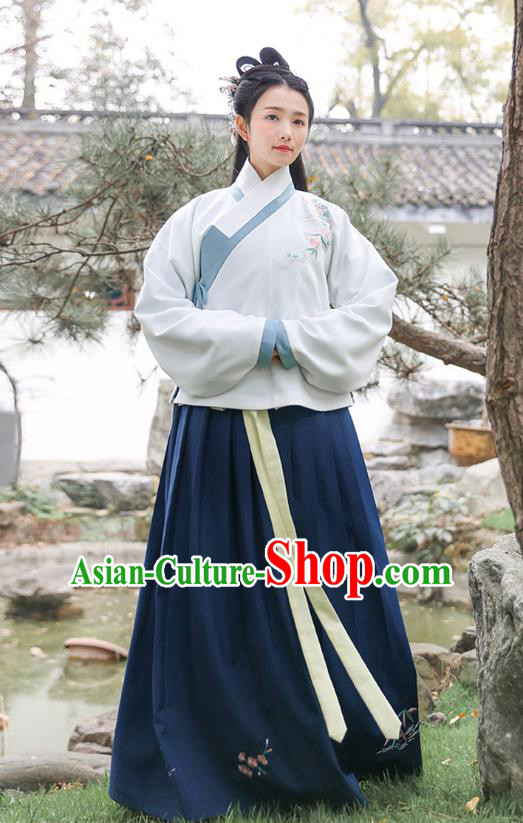 Traditional Chinese Ancient Princess Hanfu Costumes, Asian China Ming Dynasty Palace Lady Embroidery Blouse and Navy Slip Skirts for Women