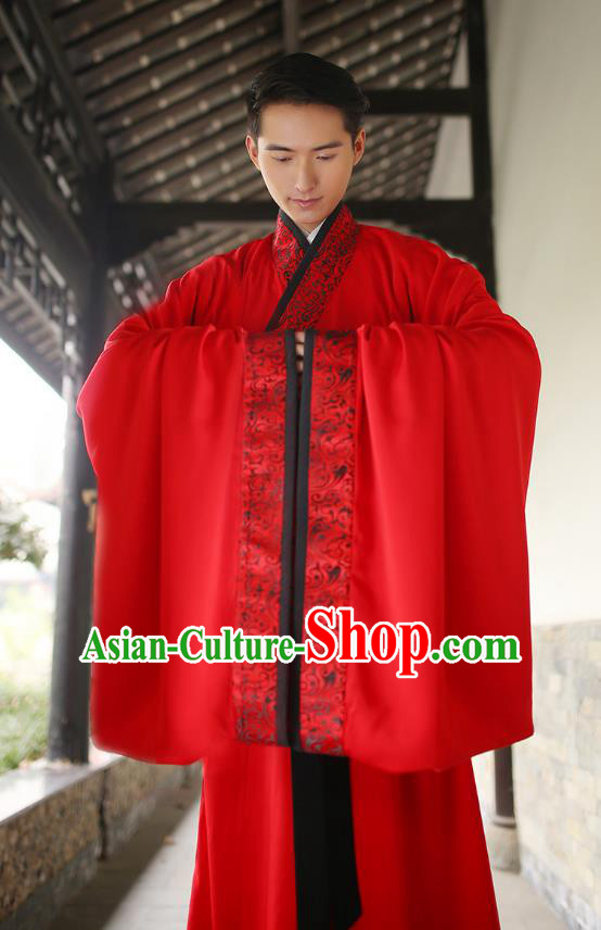 Traditional Chinese Ancient Minister Hanfu Wedding Costumes, Asian China Han Dynasty Groom Embroidered Red Clothing for Men