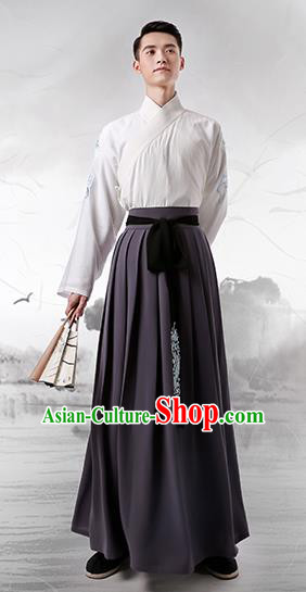 Traditional Chinese Ancient Minister Hanfu Costumes, Asian China Han Dynasty Slant Opening Embroidered Grey Clothing for Men