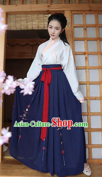 Traditional Chinese Ancient Young Lady Hanfu Costume, Asian China Song Dynasty Princess Embroidered Blouse and Navy Skirts for Women
