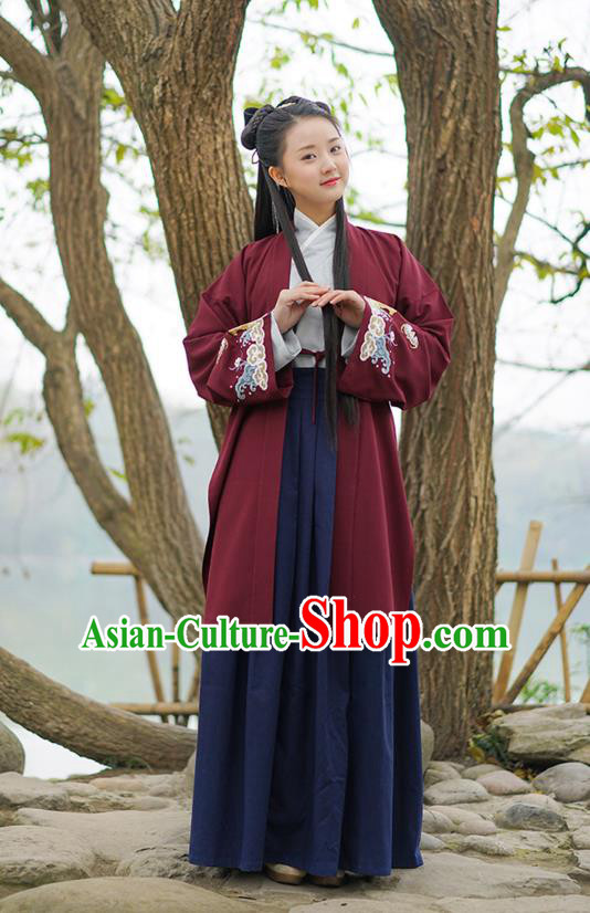Traditional Chinese Ancient Young Lady Hanfu Costume, Asian China Song Dynasty Princess Embroidered Long BeiZi Red Cardigan for Women