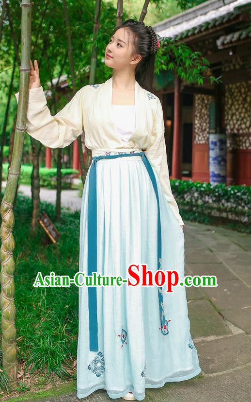 Traditional Chinese Ancient Hanfu Princess Costume, Asian China Song Dynasty Palace Lady Embroidered Blouse and Slip Skirt for Women