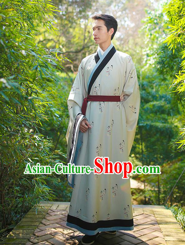 Traditional Chinese Ancient Hanfu Swordsman Costume, Asian China Han Dynasty Imperial Bodyguard Embroidered White Long Robe for Men