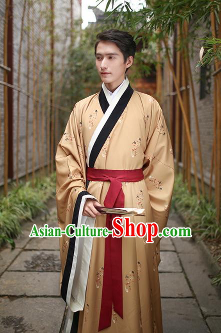 Traditional Chinese Ancient Hanfu Swordsman Costume, Asian China Han Dynasty Imperial Bodyguard Embroidered Yellow Long Robe for Men