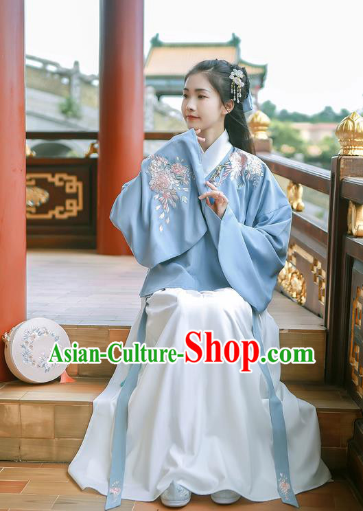 Traditional Chinese Ancient Hanfu Costume Palace Lady Clothing, Asian China Jin Dynasty Embroidered Blue Blouse and White Skirts for Women