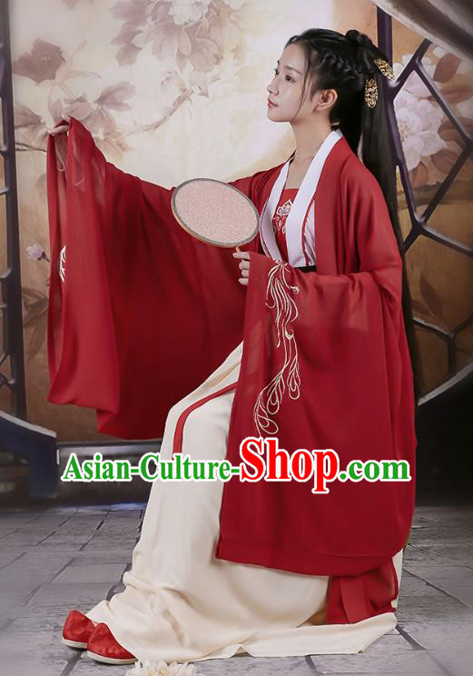 Traditional Chinese Ancient Hanfu Princess Costume Dark Red Embroidered Cloak, Asian China Jin Dynasty Palace Lady Cardigan Clothing for Women