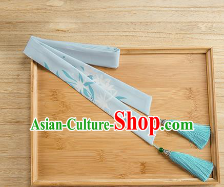 Traditional Chinese Ancient Hanfu Hair Accessories, Asian China Han Dynasty Princess Hair Clasp Printing Blue Tassel Silk Headband