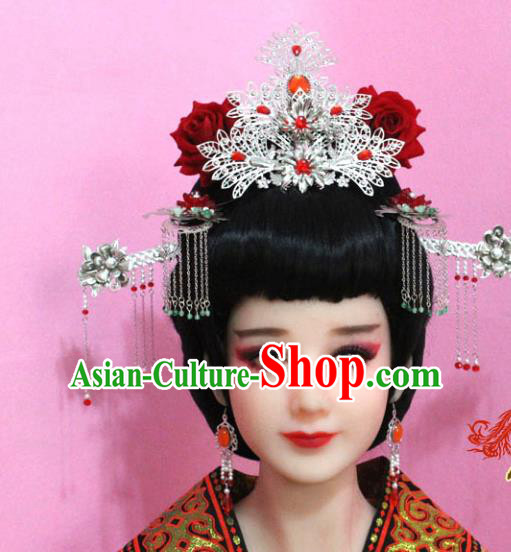 Traditional Handmade Chinese Hair Accessories Palace Lady Tassel Phoenix Coronet Complete Set, Xiuhe Suit Hair Jewellery Hairpins for Women