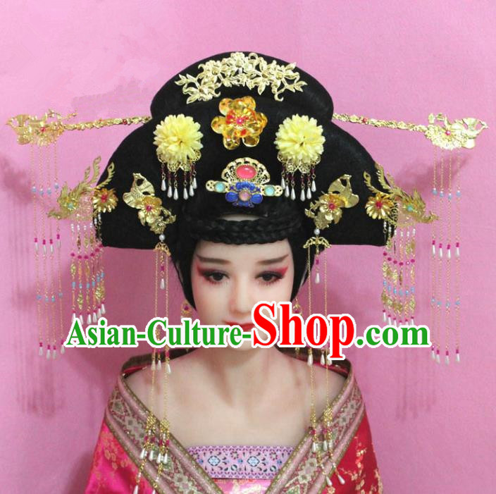 Traditional Handmade Chinese Hair Accessories Palace Lady Empress Flowers Headwear, Imperial Concubine Tassel Step Shake Hairpins for Women