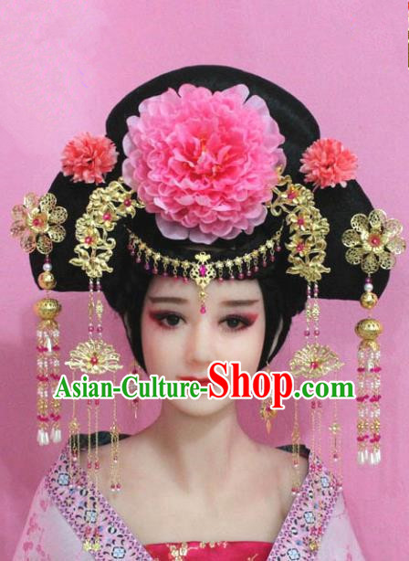 Traditional Handmade Chinese Hair Accessories Palace Lady Empress Peony Phoenix Coronet Headwear, Imperial Concubine Tassel Step Shake Hairpins for Women