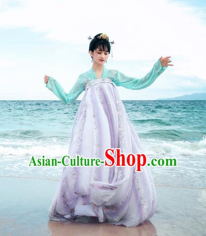 Traditional Chinese Ancient Palace Lady Costume, Asian China Tang Dynasty Princess Embroidered Green Blouse and Lilac Slip Skirts for Women