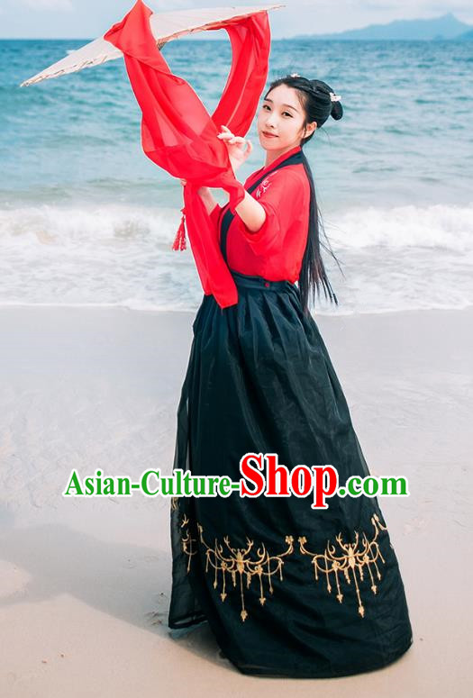 Traditional Chinese Ancient Palace Lady Costume, Asian China Song Dynasty Princess Embroidered Red Blouse and Black Skirts for Women