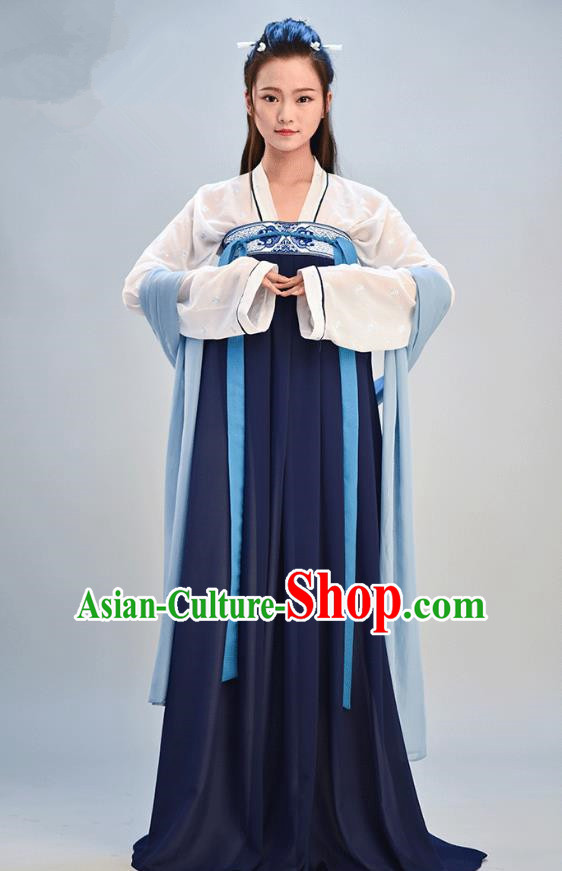 Traditional Chinese Ancient Young Lady Costume, Asian China Tang Dynasty Imperial Consort Embroidered Navy Slip Skirt Clothing for Women