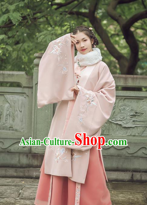 Traditional Chinese Ancient Hanfu Princess Costume Pink Cloak, Asian China Ming Dynasty Palace Lady Embroidered Cardigan Clothing for Women