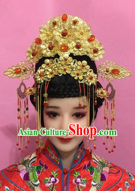 Traditional Handmade Chinese Hair Accessories Empress Golden Phoenix Coronet, China Xiuhe Suit Palace Lady Tassel Step Shake Hairpins for Women