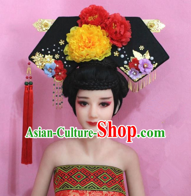 Traditional Handmade Chinese Hair Accessories Qing Dynasty Empress Banners Yellow Peony Headwear, Manchu Imperial Concubine Hairpins for Women