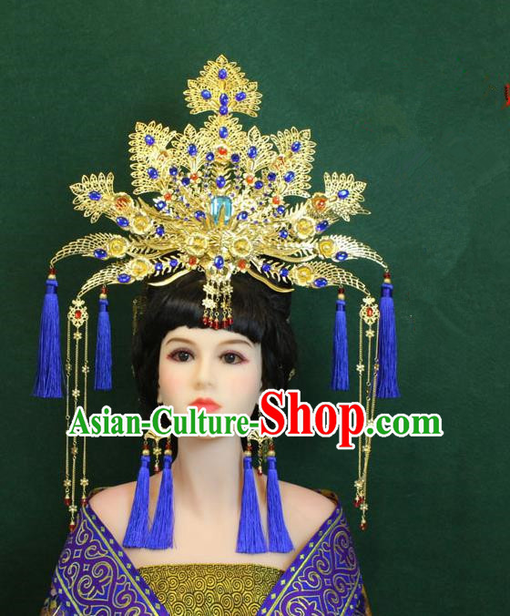 Traditional Handmade Chinese Hair Accessories Empress Blue Tassel Phoenix Coronet Complete Set, Tang Dynasty Princess Hairpins Headwear for Women