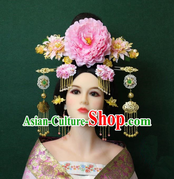 Traditional Handmade Chinese Hair Accessories Palace Lady Phoenix Coronet Peony Hairpins Complete Set, China Tang Dynasty Princess Headwear for Women