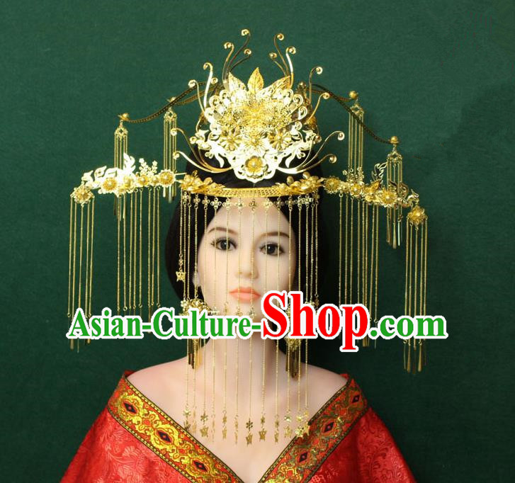 Traditional Handmade Chinese Hair Accessories Tang Dynasty Empress Tassel Phoenix Coronet Hairpins Complete Set, China Step Shake Headwear for Women