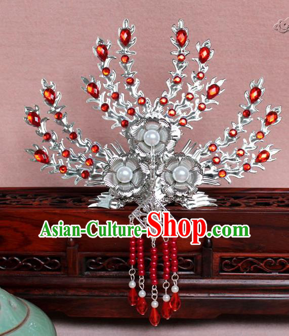 Traditional Handmade Chinese Hair Accessories Princess Red Crystal Phoenix Hairpins, Tang Dynasty Palace Lady Tassel Frontlet Step Shake for Women