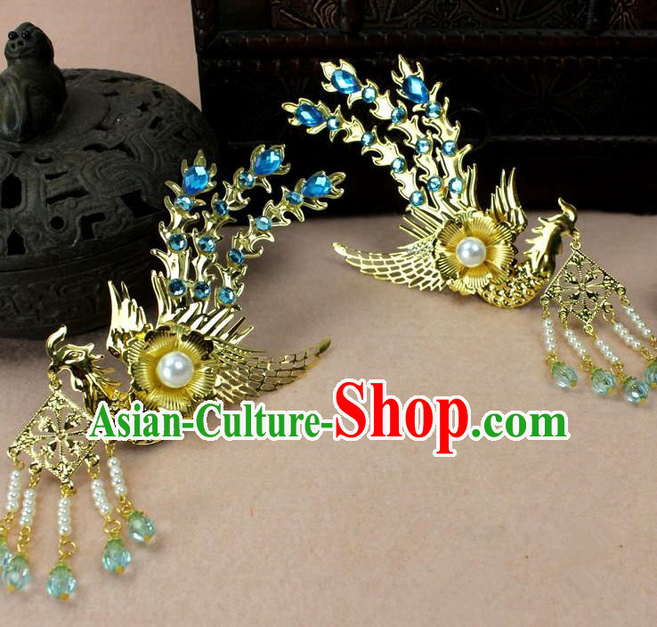 Traditional Handmade Chinese Hair Accessories Princess Golden Phoenix Hairpins, Ming Dynasty Palace Lady Blue Tassel Step Shake Frontlet for Women