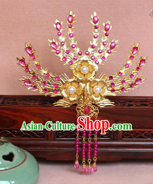 Traditional Handmade Chinese Hair Accessories Princess Golden Phoenix Frontlet Hairpins, Ming Dynasty Palace Lady Rosy Tassel Step Shake for Women
