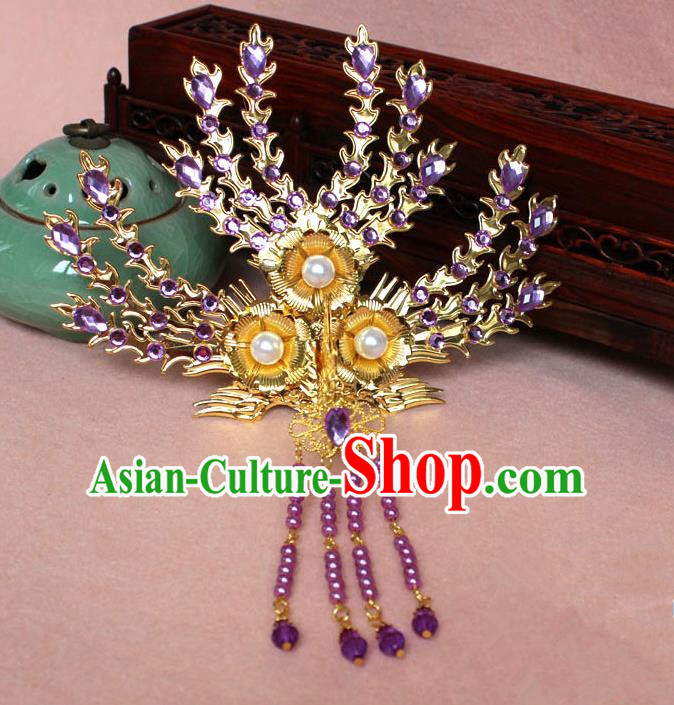 Traditional Handmade Chinese Hair Accessories Princess Golden Phoenix Frontlet Hairpins, Ming Dynasty Palace Lady Purple Tassel Step Shake for Women
