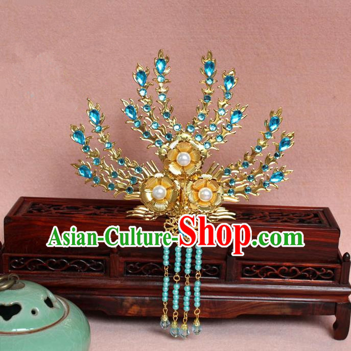 Traditional Handmade Chinese Hair Accessories Princess Golden Phoenix Frontlet Hairpins, Ming Dynasty Palace Lady Blue Tassel Step Shake for Women