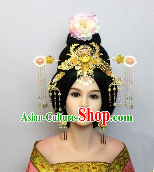 Traditional Handmade Chinese Hair Accessories Tang Dynasty Empress Phoenix Coronet, China Palace Lady Hairpins Tassel Step Shake for Women