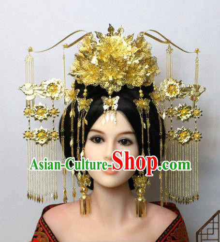 Traditional Handmade Chinese Hair Accessories Tang Dynasty Empress Golden Phoenix Coronet Complete Set, China Palace Lady Hairpins Tassel Step Shake for Women