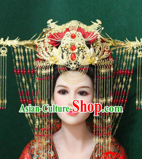 Traditional Handmade Chinese Hair Accessories Empress Wedding Phoenix Coronet, China Han Dynasty Bride Tassel Hairpins for Women