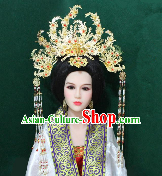 Traditional Handmade Chinese Hair Accessories Empress Golden Phoenix Coronet, China Tang Dynasty Queen Tassel Hairpins for Women