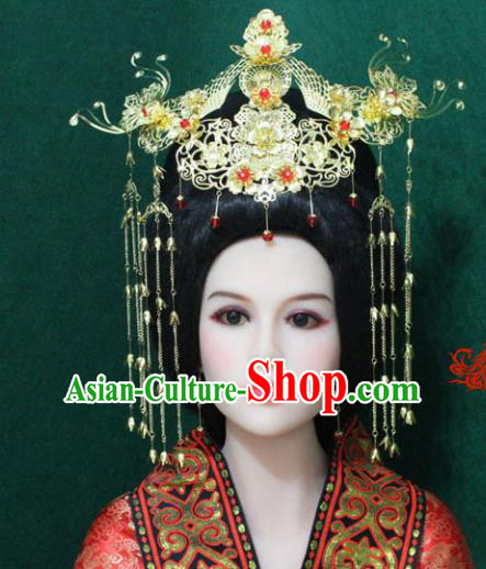 Traditional Handmade Chinese Hair Accessories Tang Dynasty Empress Tassel Phoenix Coronet Xiuhe Suit Hairpins Headwear Complete Set for Women