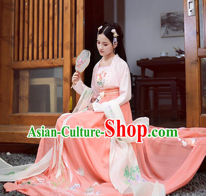 Asian China Ancient Tang Dynasty Hanfu Costume, Traditional Chinese Princess Embroidered Pink Blouse and Skirts for Women