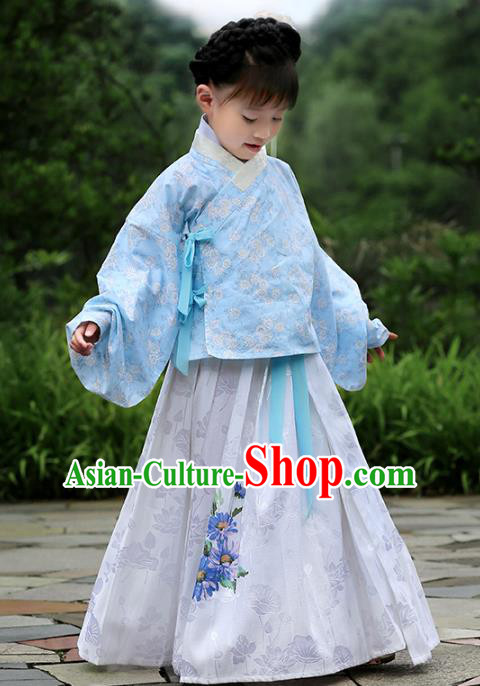 Asian China Ancient Ming Dynasty Children Costume Complete Set, Traditional Chinese Princess Embroidered Blouse and Skirts for Kids