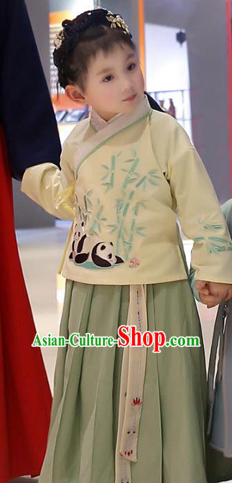 Asian China Ancient Ming Dynasty Children Costume Complete Set, Traditional Chinese Princess Embroidered Bamboo Yellow Blouse and Skirts for Kids