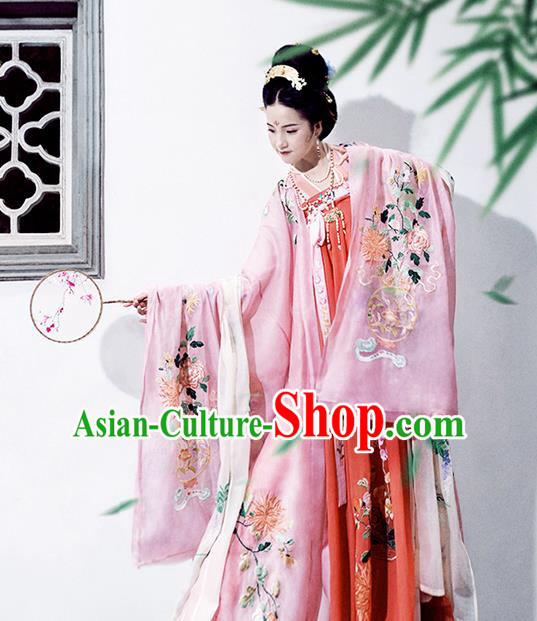Asian China Ancient Tang Dynasty Palace Lady Costume Pink Cloak, Traditional Chinese Princess Embroidered Wide Sleeve Cardigan for Women