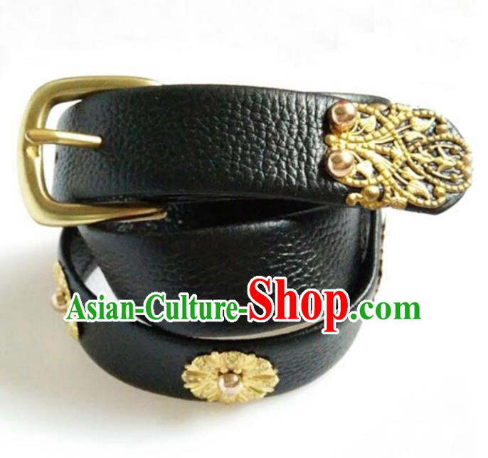 Traditional Handmade Chinese Accessories Tang Dynasty Emperor Belts, China Majesty Black Leather Waistband for Men