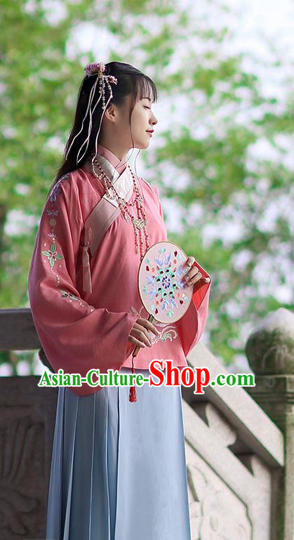 Traditional Chinese Ancient Hanfu Costume Embroidered Peach Pink Blouse, Asian China Ming Dynasty Palace Lady Clothing for Women