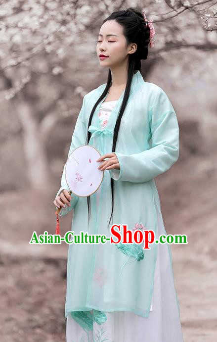 Asian Chinese Song Dynasty Princess Costume Embroidery Long BeiZi, Ancient China Palace Lady Embroidered Green Cardigan for Women