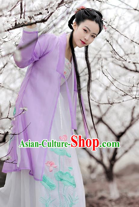 Asian Chinese Song Dynasty Princess Costume Embroidery Long BeiZi, Ancient China Palace Lady Embroidered Purple Cardigan for Women