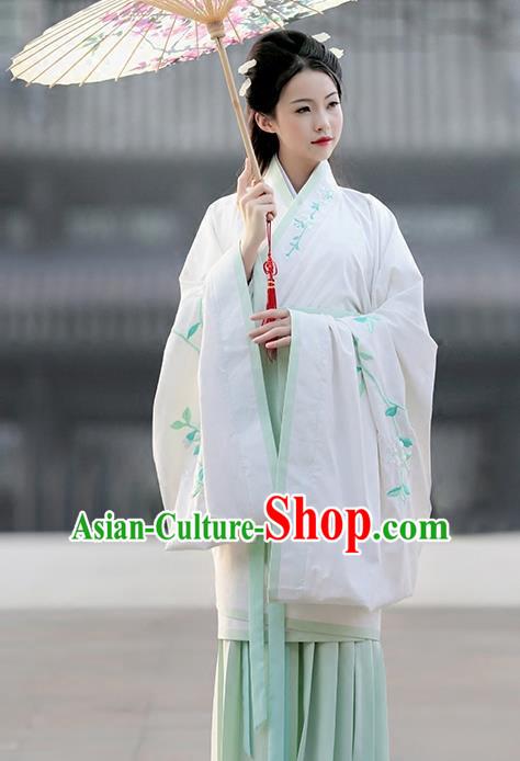Asian China Ancient Han Dynasty Palace Lady Costume Complete Set, Traditional Chinese Hanfu Embroidered Curve Bottom Clothing for Women