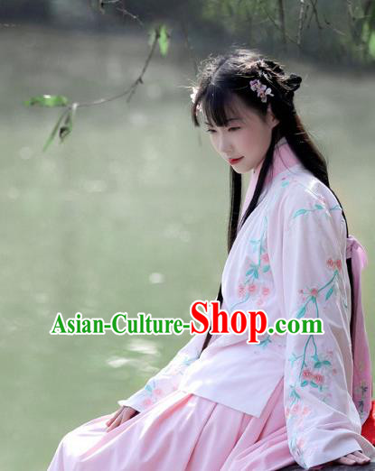 Traditional Chinese Ancient Hanfu Costume Embroidered Slant Opening Pink Blouse, Asian China Ming Dynasty Princess Upper Outer Garment Clothing for Women