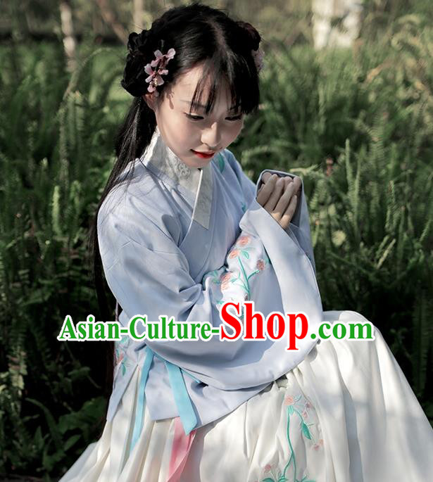 Traditional Chinese Ancient Hanfu Costume Embroidered Slant Opening Blue Blouse, Asian China Ming Dynasty Princess Upper Outer Garment Clothing for Women