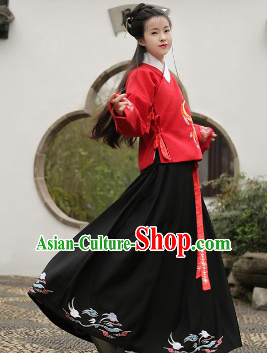 Asian Chinese Ming Dynasty Young Lady Hanfu Costume Embroidered Blouse and Skirt, Traditional China Ancient Princess Clothing for Women