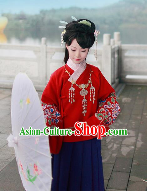 Asian Chinese Ming Dynasty Hanfu Embroidered Red Blouse Costume, Traditional China Ancient Princess Clothing for Women