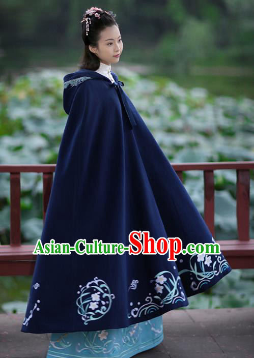 Asian Chinese Ming Dynasty Hanfu Costume Embroidered Swordswoman Cape, Traditional China Ancient Princess Navy Cloak Clothing for Women